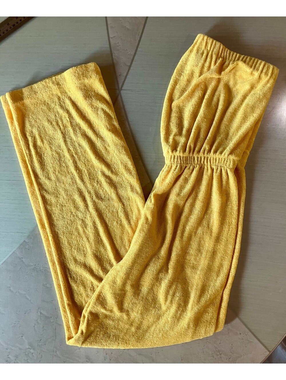 70s, 80s Terry Cloth Jumpsuit Strapless Wide Leg Retro Festival Marigold Vintage